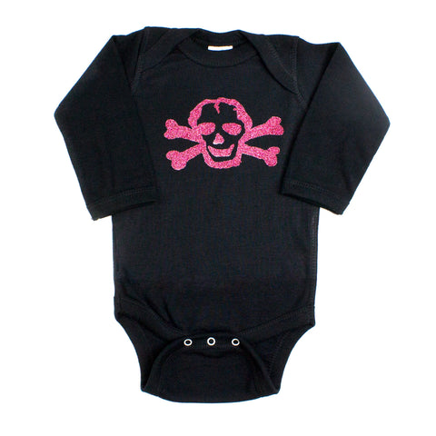 Pink Glitter Scribble Skull Long Sleeve Baby Infant Bodysuit