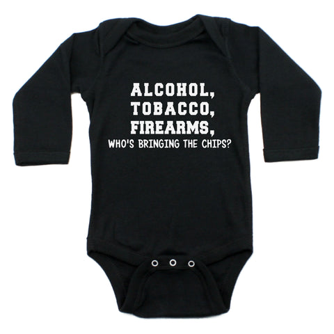Alcohol Tobacco Who's Bringing Chips Long Sleeve Bodysuit
