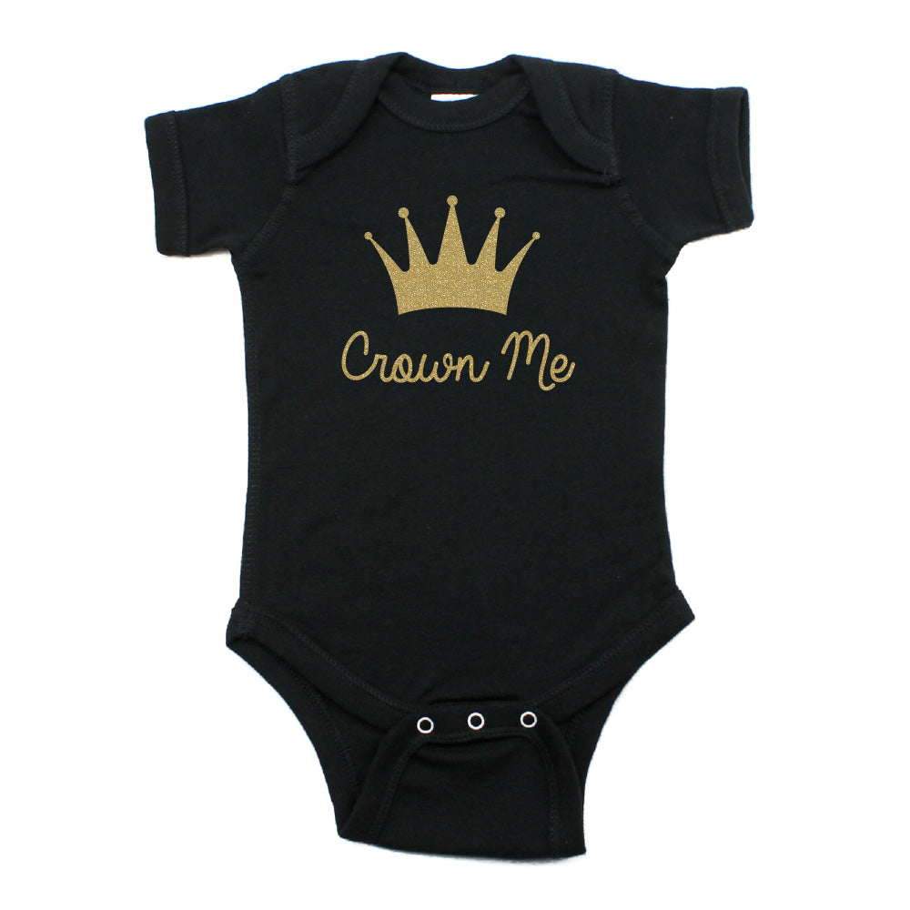 Gold Glitter Sparkly Crown Me Short Sleeve Baby Infant Bodysuit