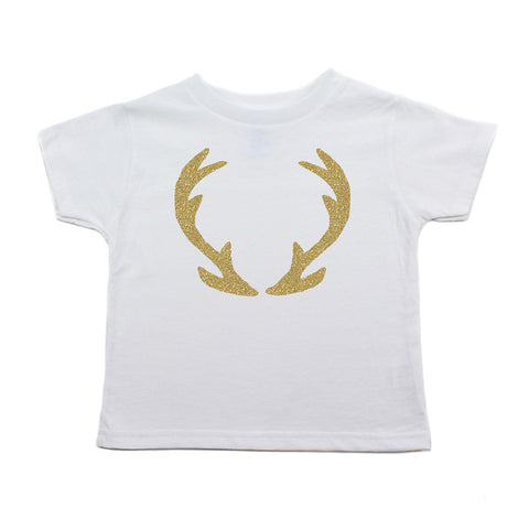 Christmas Deer Antlers Gold Glitter Outline Toddler Short Sleeve T-Shirts