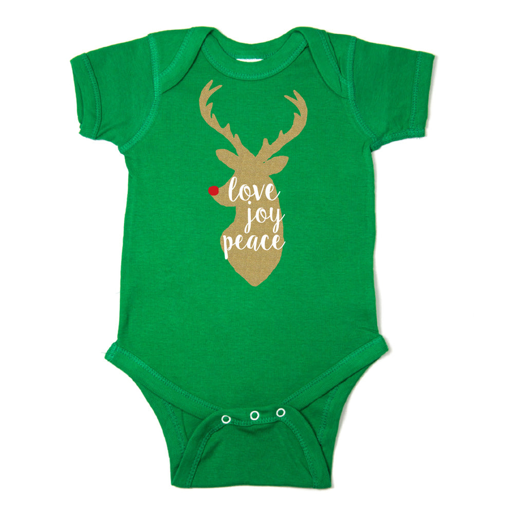 Christmas Love Joy Peace Glitter Reindeer Short Sleeve Infant Bodysuit