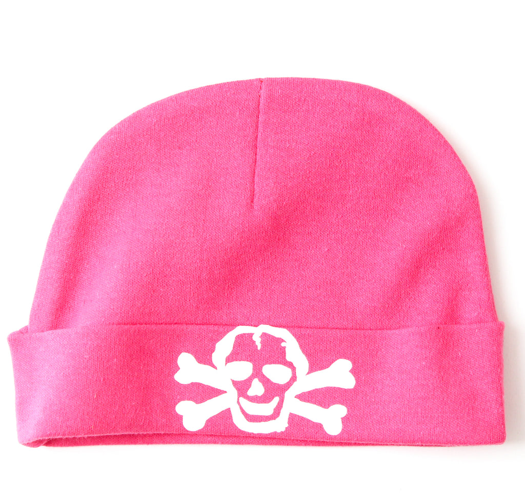 Infant Baby Beanie Cap in Fuchsia with White Scribble Skull