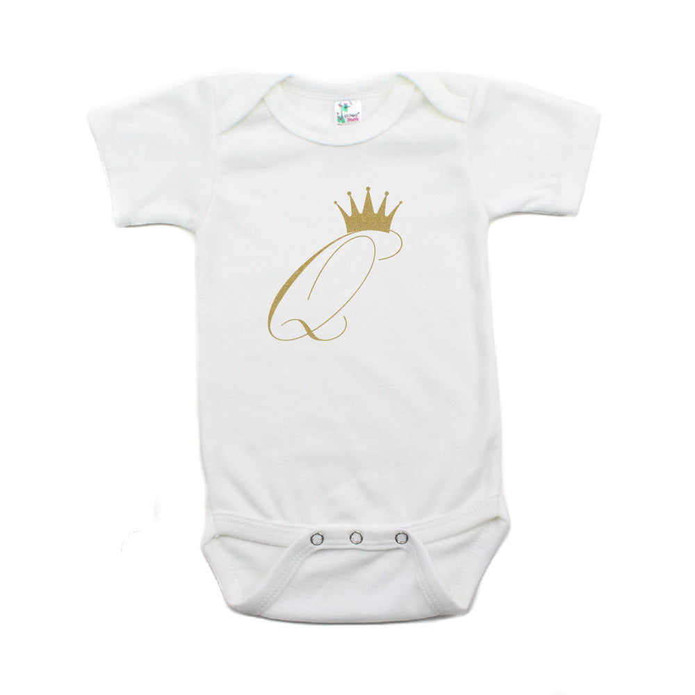Gold Glitter Queen Q with Crown Short Sleeve Baby Infant Bodysuit