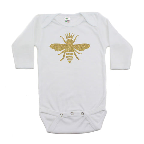 Gold Glitter Queen Bee with Crown Long Sleeve Baby Infant Bodysuit