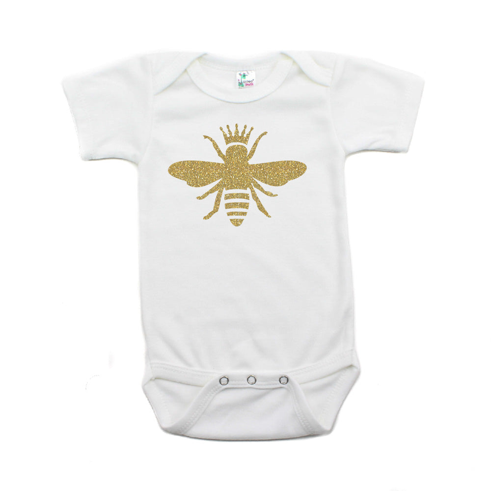 Gold Glitter Queen Bee with Crown Short Sleeve Baby Infant Bodysuit