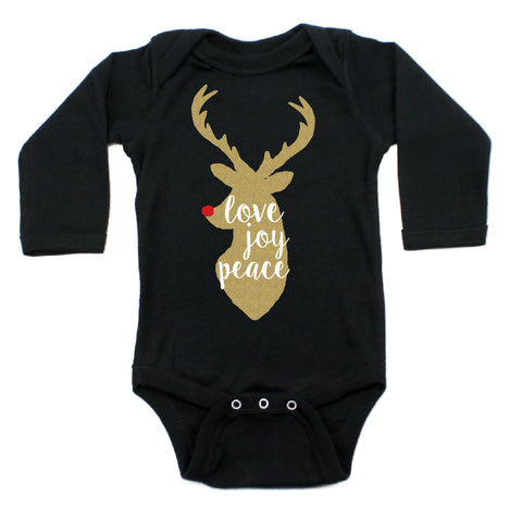 Christmas Love Joy Peace Glitter Reindeer Long Sleeve Infant Bodysuit
